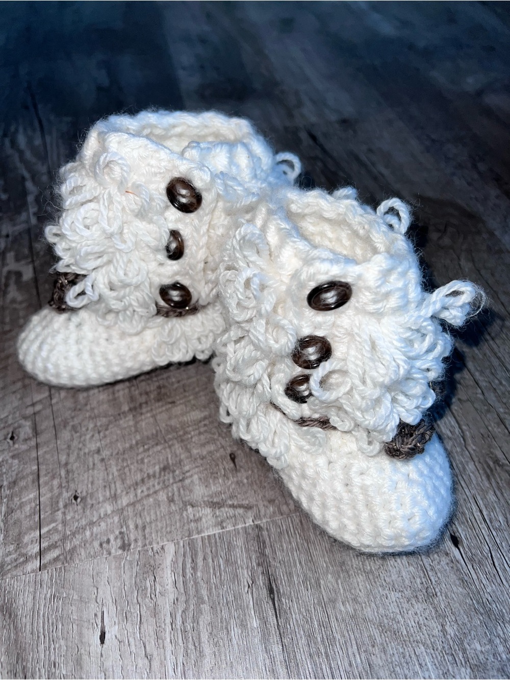 Handmade White Crochet Baby Booties with Button Detail